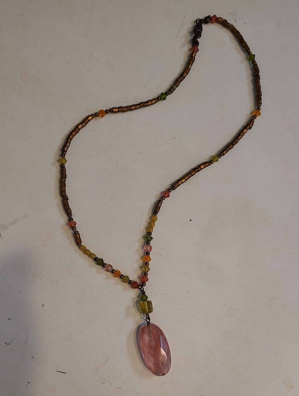 Beaded Pink And Green Necklace with Pink Pendant